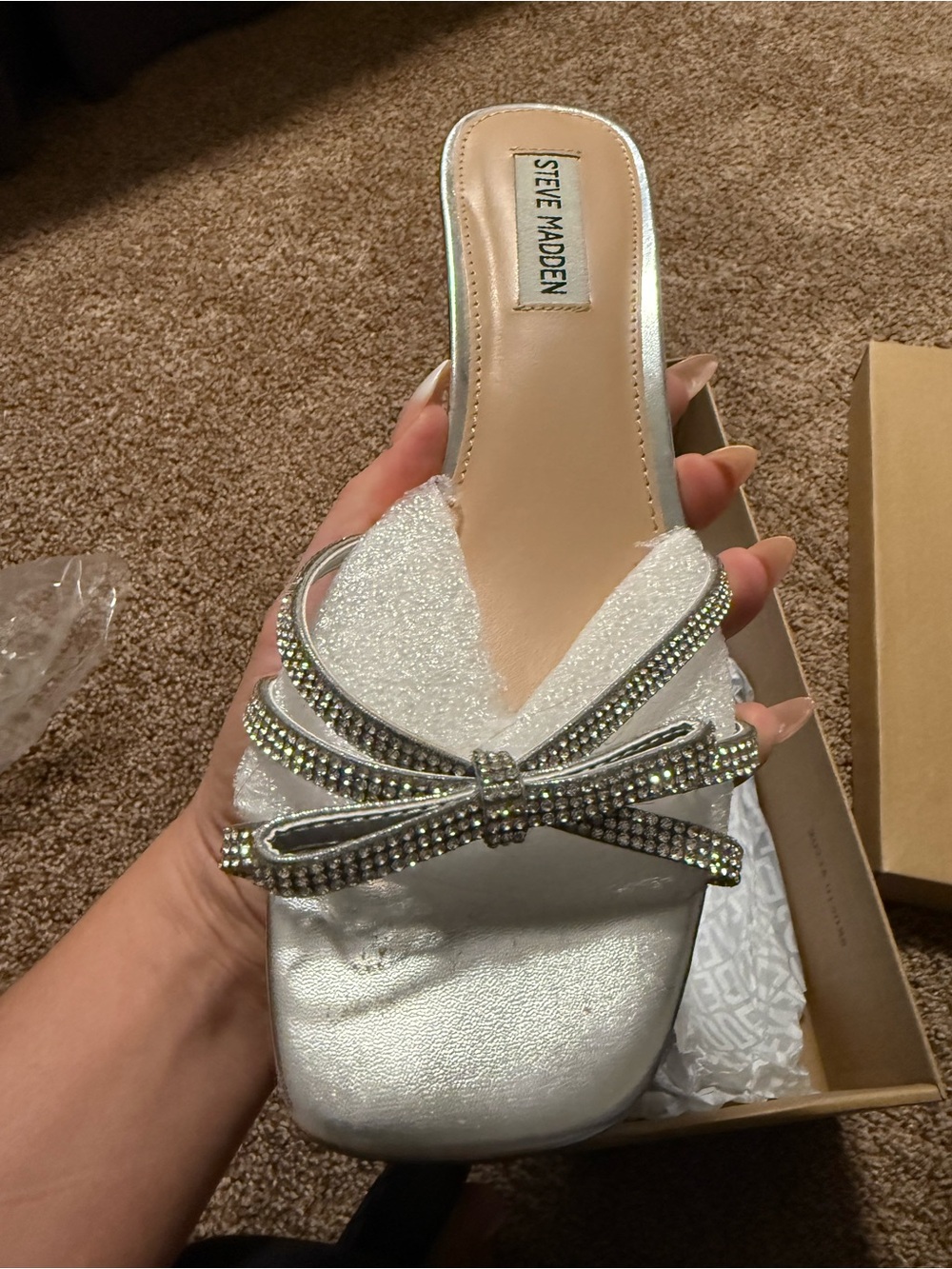 Steve Madden Shelley Silver Rhinestone Bow Mule